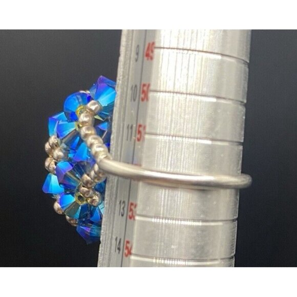 Tested Sterling Silver Ring Blue AB Bicone Crystal Dome Woven Bead Size 6 Floral - Picture 11 of 12